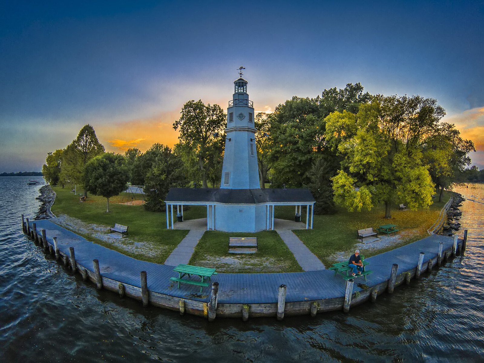 Neenah Lighthouse at sunset beside Lake Winnebago in Neenah, Wisconsin